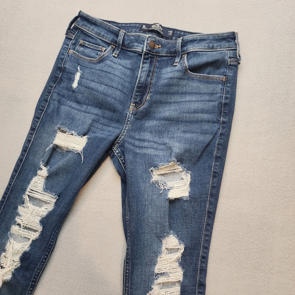 Hollister High Rise Super Skinny Distressed Jeans 9L W29 L31 Blue Ripped Stretch